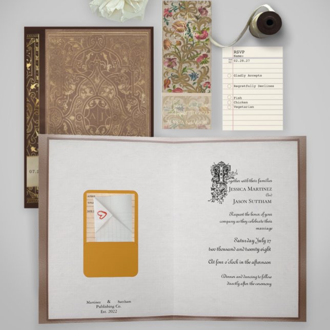 Invitation Livre de bibliothèque avec des notes pliées Mariag (Créateur téléchargé)