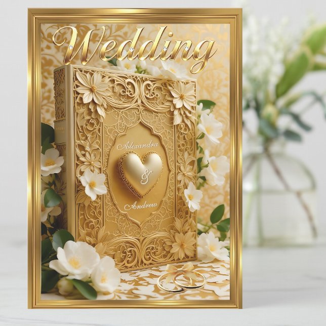 Invitation Livre de mariage élégant Cœur doré Fleurs blanches (Créateur téléchargé)