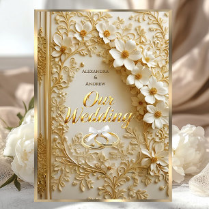 Invitation Livre de mariage élégant floral or blanc orné