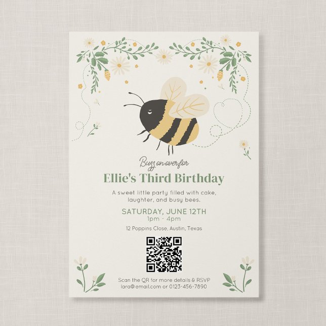 Invitation Livre d'histoires de code QR Abeille à miel Enfant (Wildflower Flight - Honeybee QR Code Birthday Invitation)