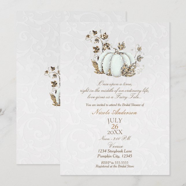 Invitation Livre d'histoires Or Blanc Citrouille Fée Conte de (Devant / Derrière)