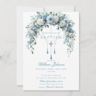 Invitation Livre d'or de baptême Rose Bleue & Croix d'Argent