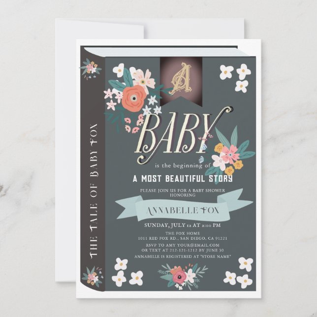 Invitation Livre noir Floral Girl Baby shower (Devant)