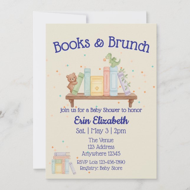 Invitation Livres & Brunch Baby Shower Bleu (Devant)