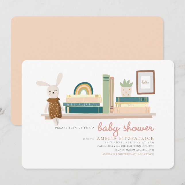 Invitation Livres en rose et en menthe pour le Baby shower (Devant / Derrière)
