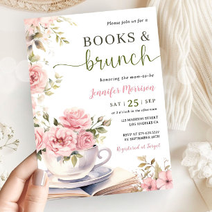 Invitation Livres et Brunch Baby Shower Fille Floral Rose