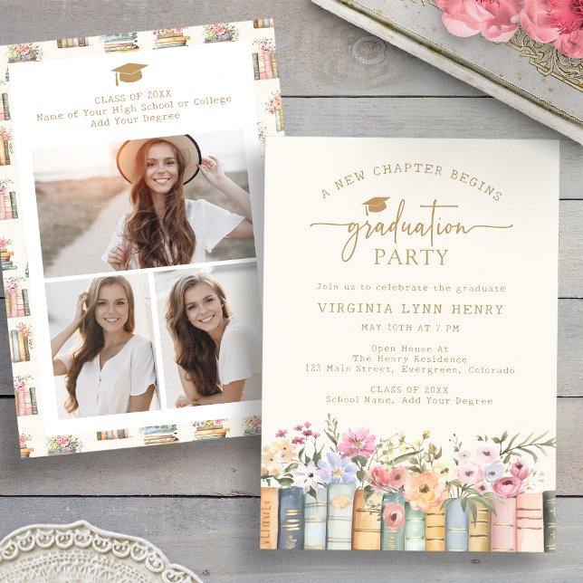 Invitation Livres Fête de fin d'études (Watercolor Floral Books Graduation Party Invitation with Photos by Painted Paperie
)