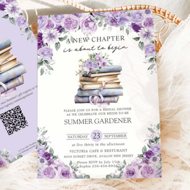 Invitation Livres Fleuris Violets Nouveau Chapitre Enterremen (Créateur téléchargé)