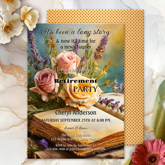 Invitation Livres Vintages bohémiens Retraite florale (Shabby chic or bohemian retirement invitation showing a vintage book with pretty roses and lavender)