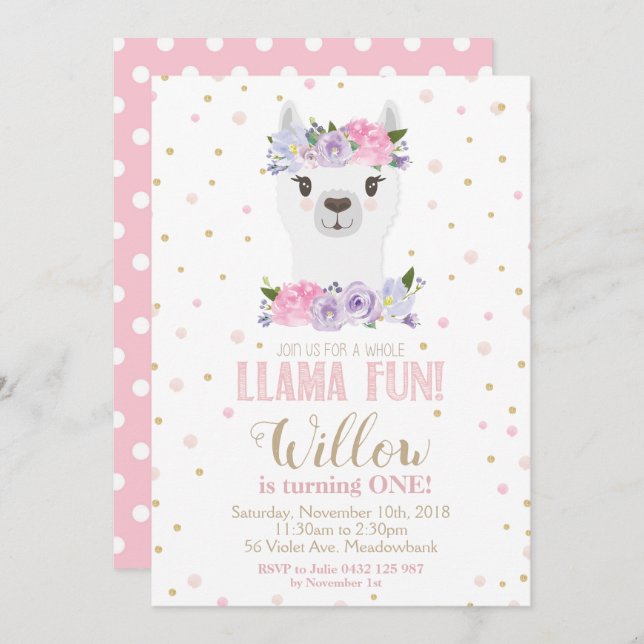 Invitation Llama 1er Anniversaire Fille Florale Pink Purple (Devant / Derrière)