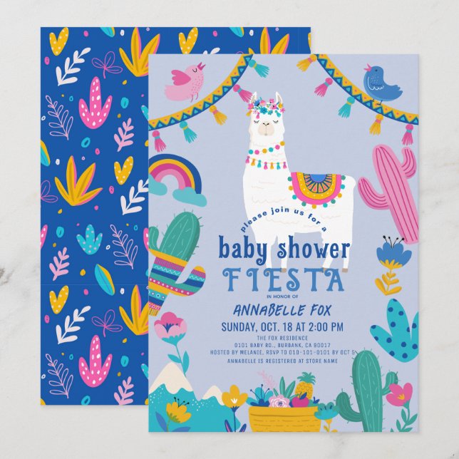 Invitation Llama Alpaca Cactus Fiesta Blue Boy Baby shower (Devant / Derrière)