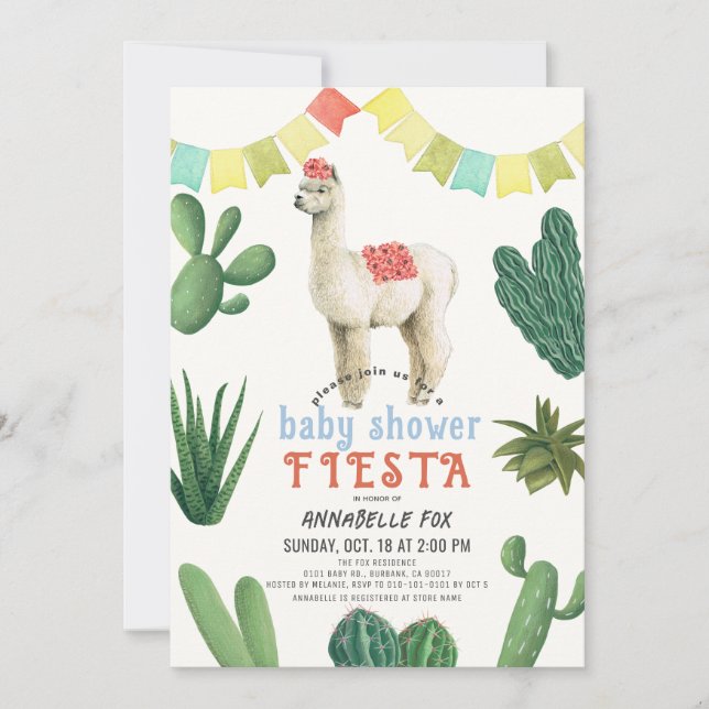Invitation Llama Alpaca Cactus Fiesta Boy Baby shower (Devant)