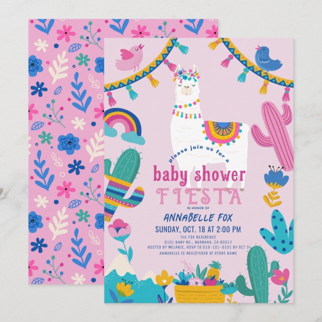 Invitation Llama Alpaca Cactus Fiesta Girl Baby shower rose (Devant / Derrière)