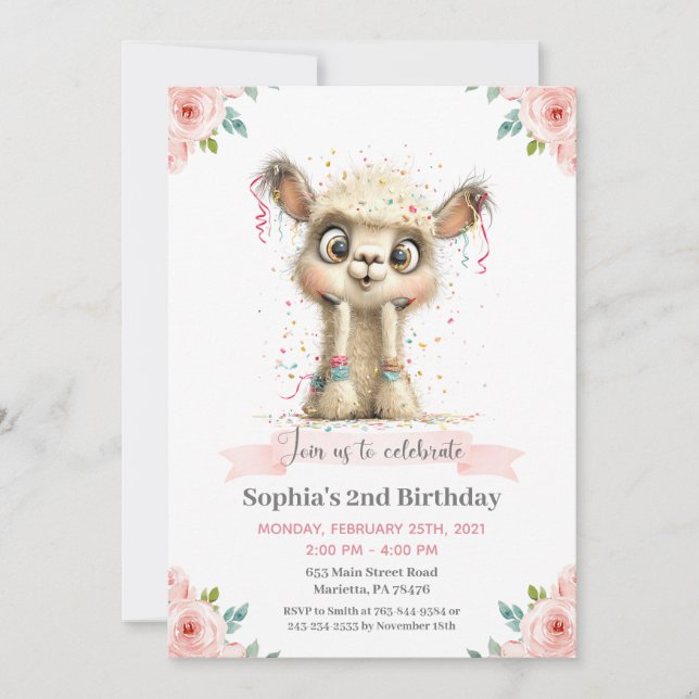 Invitation Llama Alpaca Floral Birthday Party (Devant)