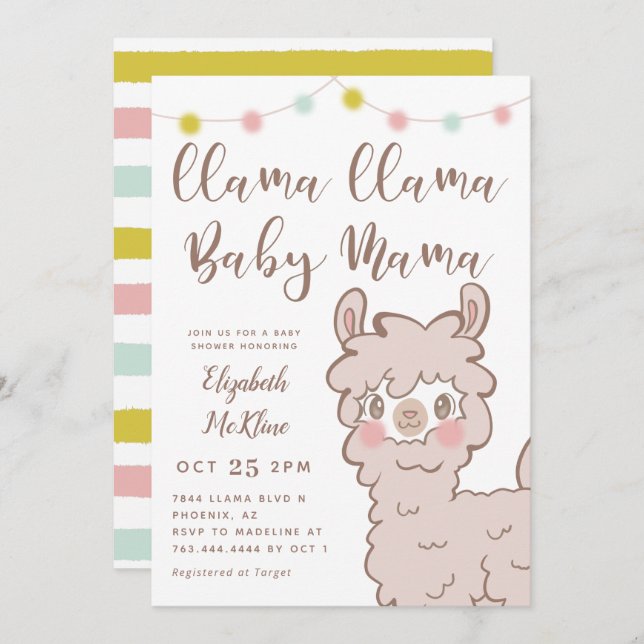 Invitation Llama Baby Mama Genre Neutre Douche (Devant / Derrière)