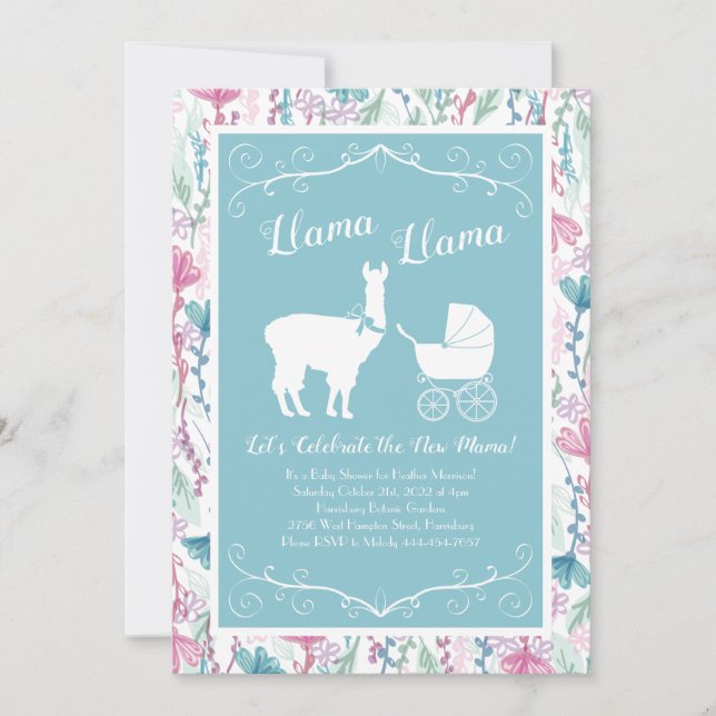 Invitation Llama Baby shower Cute Blue Boy (Devant)