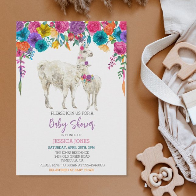 Invitation Llama Baby shower Fiesta Fleur vive (Créateur téléchargé)