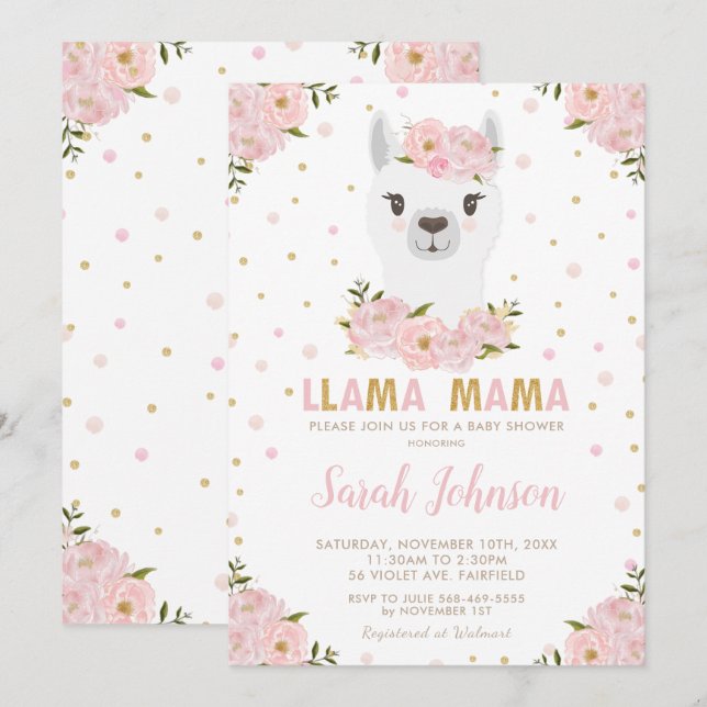 Invitation Llama Baby shower flush flush (Devant / Derrière)