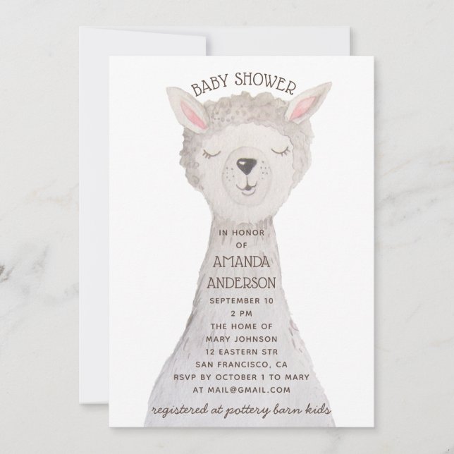 Invitation Llama Baby Shower | Sweet Watercolor Alpaca Animal (Devant)