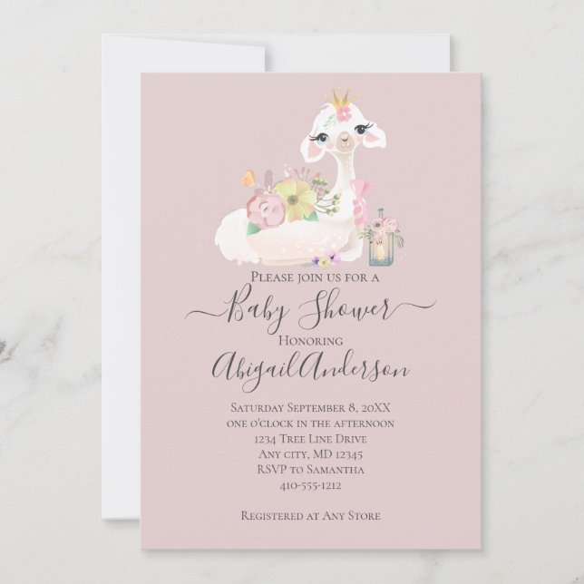 Invitation Llama bébé avec Fleurs blanches et roses Adorable (Devant)