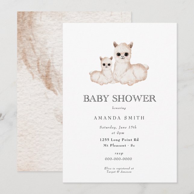 Invitation Llama Boho Maman et Baby shower Safari bébé (Devant / Derrière)
