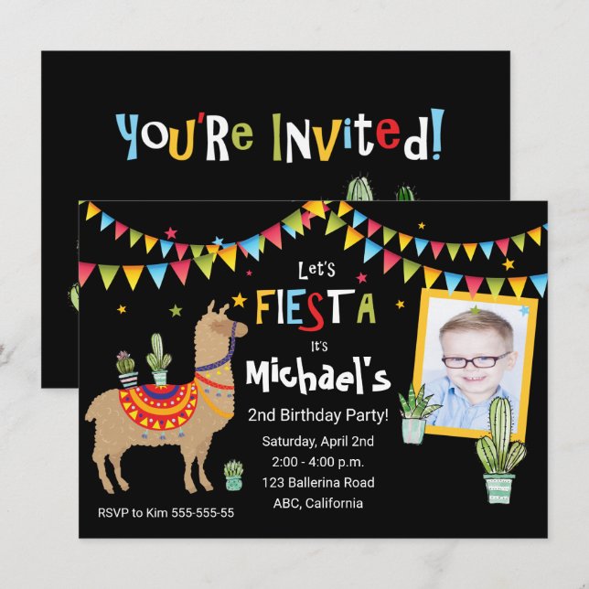 Invitation llama Cactus photo fête d'anniversaire personnalis (Devant / Derrière)