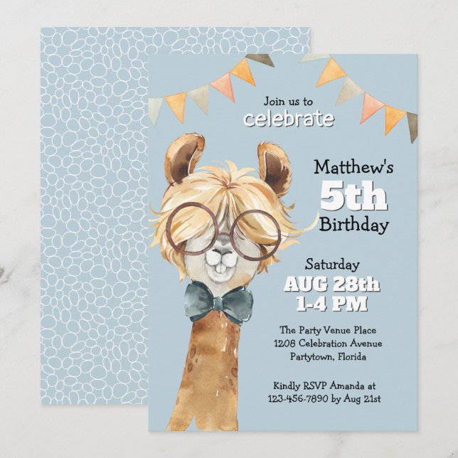 Invitation Llama drôle dans les lunettes Fête d'anniversaire  (Devant / Derrière)