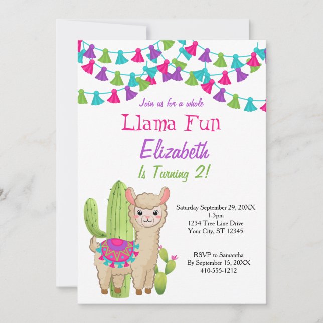 Invitation Llama entière amusant rose violet Cactus 2e annive (Devant)
