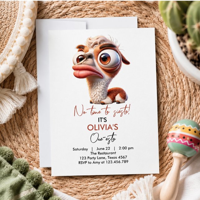 Invitation Llama Fiesta Caricature Fun 1er Anniversaire (Llama Fiesta Funny Caricature 1st Birthday Invitation)