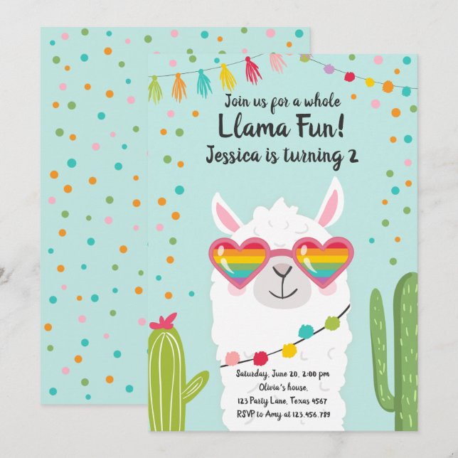 Invitation Llama Fiesta Lunettes de soleil Coeur Anniversaire (Devant / Derrière)