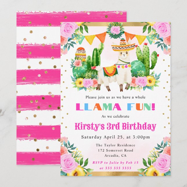 Invitation Llama Fleur d'été Aquarelle Anniversaire Enfants (Devant / Derrière)