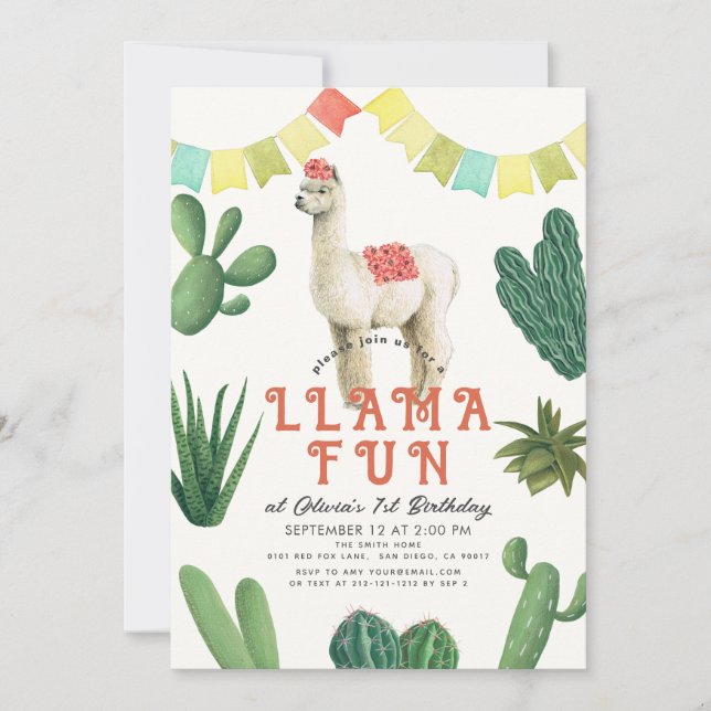 Invitation Llama Fun Alpaca Cactus 1er anniversaire (Devant)