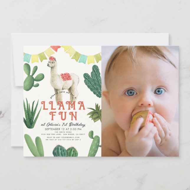 Invitation Llama Fun Alpaca Cactus 1er Anniversaire Photo (Devant)