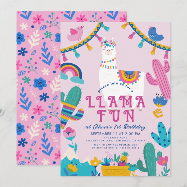 Invitation Llama Fun Alpaca fille rose 1er anniversaire (Devant / Derrière)