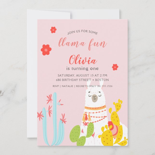 Invitation Llama Fun Anniversaire Rose (Devant)
