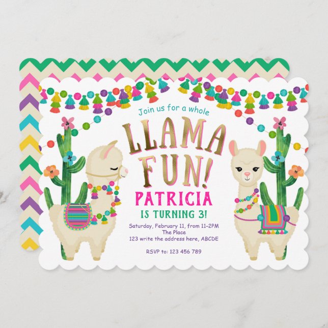 Invitation Llama Fun entier, fête d'anniversaire de Llama Inv (Devant / Derrière)