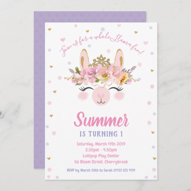 Invitation Llama Fun Girl 1er Anniversaire Fête Alpaca (Devant / Derrière)