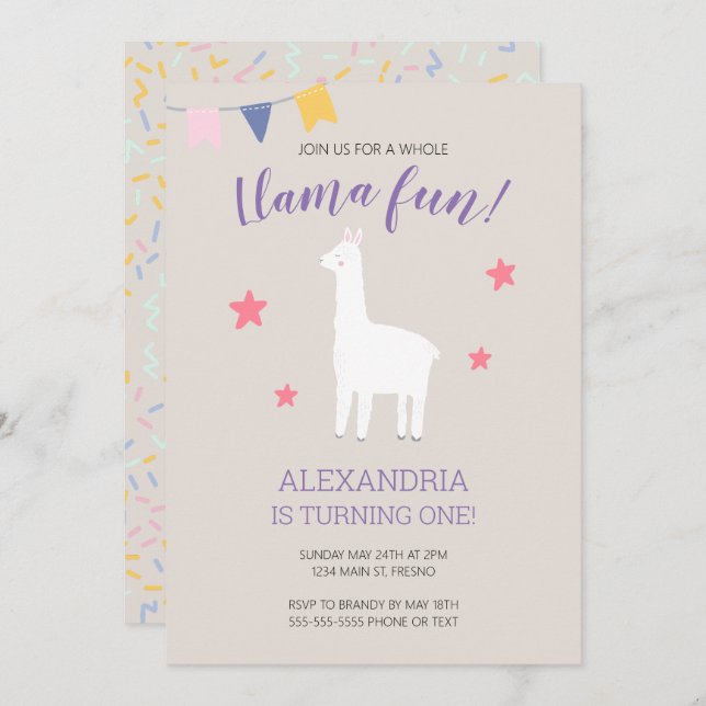 Invitation Llama Fun Joli Boho Anniversaire (Devant / Derrière)