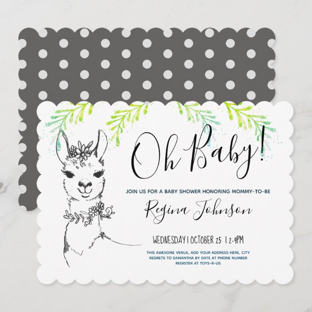 Invitation Llama Girl Baby shower (Devant / Derrière)