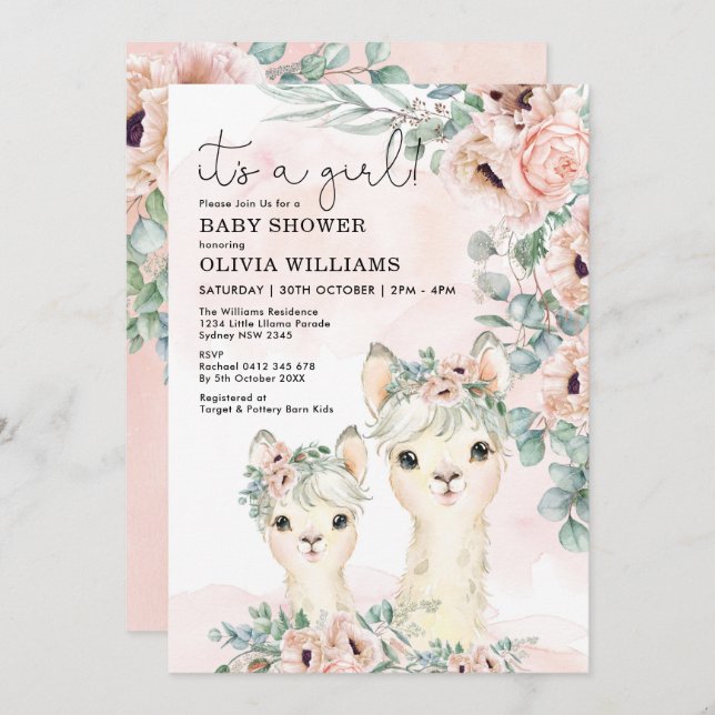 Invitation Llama Girl Baby shower Blush Floral Eucalyptus (Devant / Derrière)