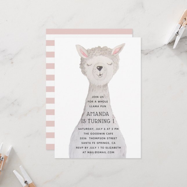 Invitation Llama Kids Birthday | Alpaca Farm Animal Party (Devant/Arrière en situation)