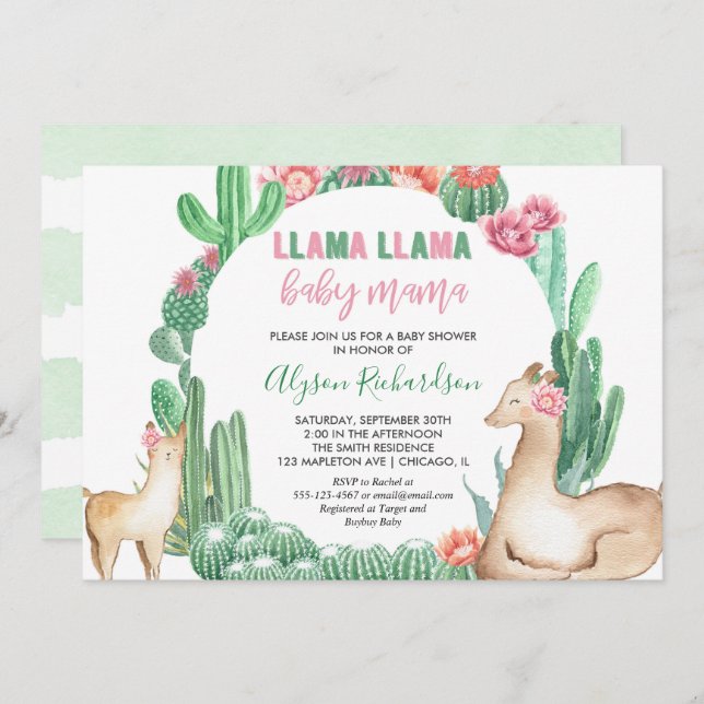 Invitation Llama Llama bébé maman fille baby shower (Devant / Derrière)