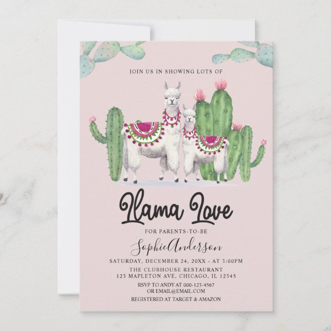 Invitation  Llama Love Fiesta Cactus Baby shower mexicain (Devant)
