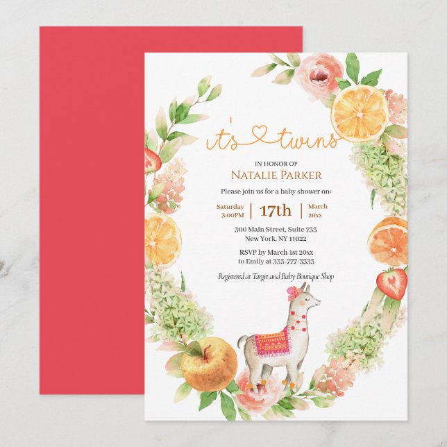 Invitation Llama Mama Agrumes Flore Vert Bébé Douche Twin (Devant / Derrière)