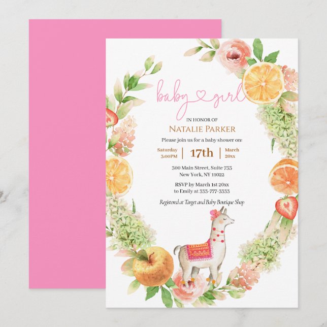 Invitation Llama Mama Agrumes Flore Vert Bébé Fille Douche (Devant / Derrière)