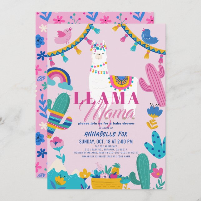 Invitation Llama Mama Alpaca Cactus Girl Baby shower rose (Devant / Derrière)