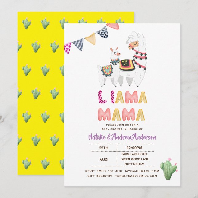 Invitation Llama Mama Baby shower Fiesta Cactus Cute Girls (Devant / Derrière)
