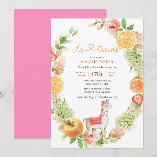 Invitation Llama Mama Citrus Verdure Twin Girls Baby shower (Devant / Derrière)