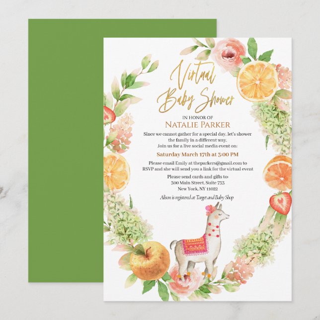 Invitation Llama Mama Floral Green Baby shower virtuel (Devant / Derrière)