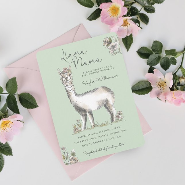 Invitation Llama Mamma Aquarelle Llama Croquis Baby shower da (Llama Mamma Watercolor Llama Sketch Baby Shower In Invitation)